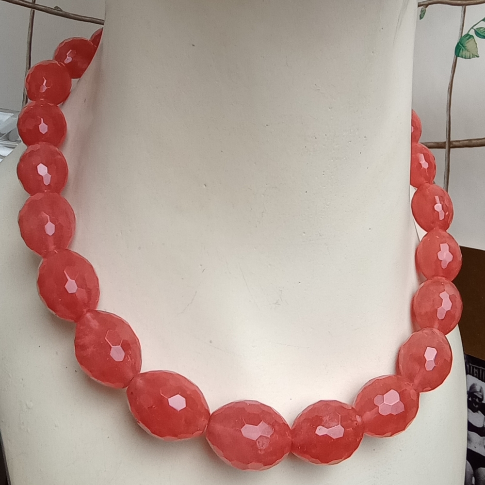 Strawberry Quartz Facet Bead Collar Necklace 17" + 3" extender